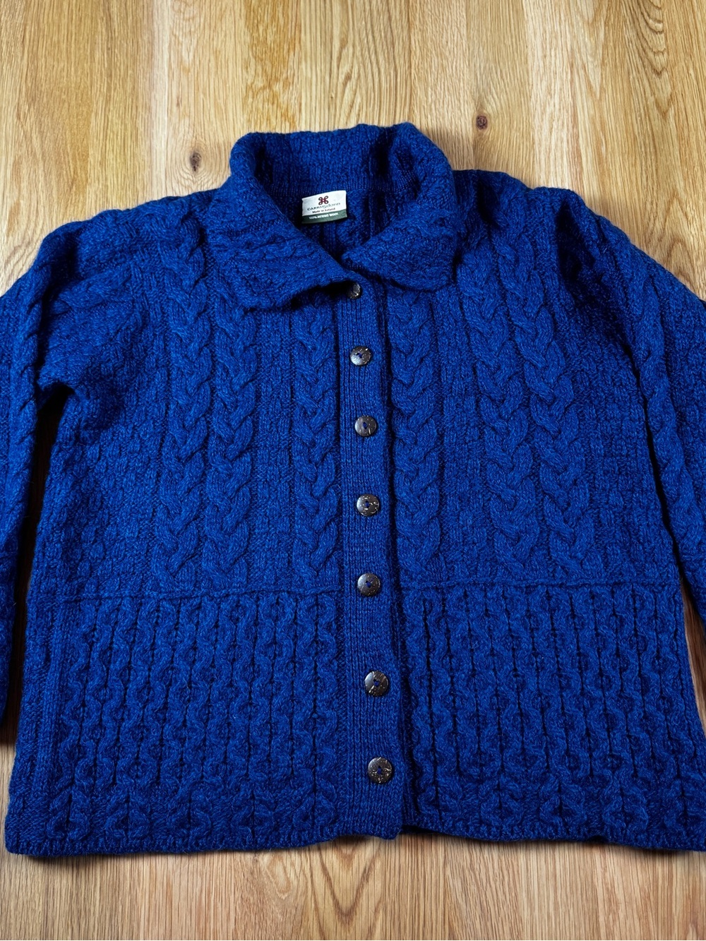 Carraig Donn Blue Merino Wool Cable Knit Cardigan Sweater Classic Collar M